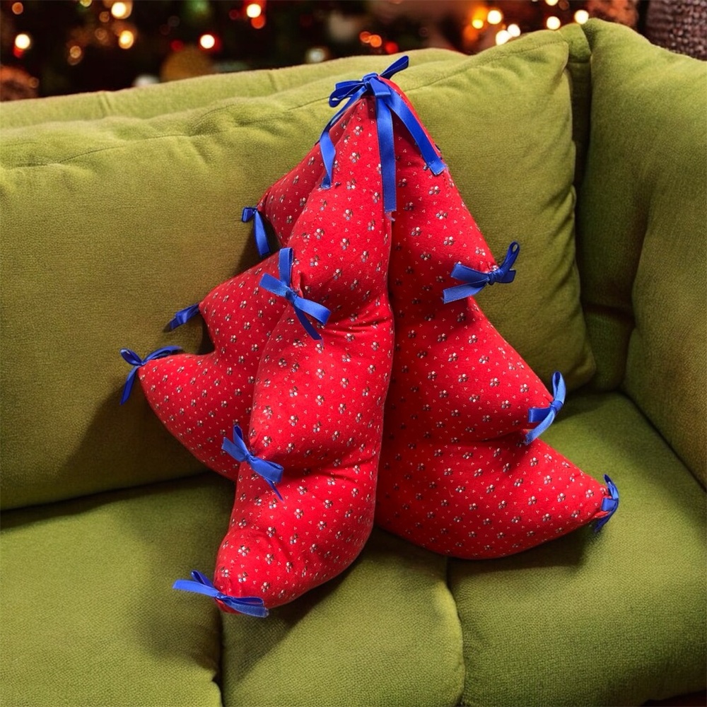 Vintage Handmade, stuffed Christmas tree plush decoration with blue ribbon bows
